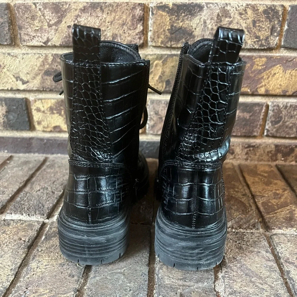 NINE‎ WEST Piercy Black Croc Combat Moto Boots 5.5M Punk Grunge Concert Festival - Picture 4 of 7